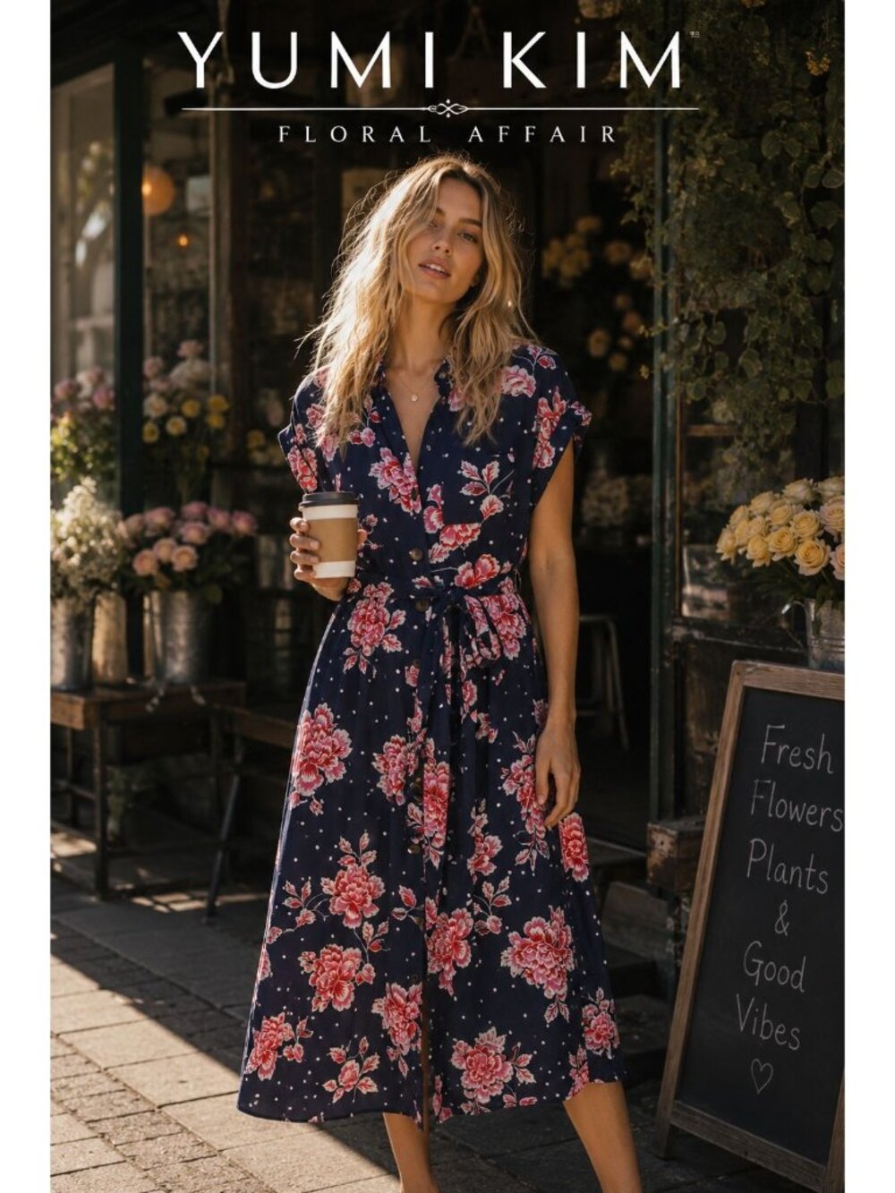 Yumi Kim Navy Secret Love Floral Polka Dot Midi Dress L